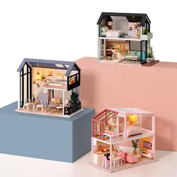 

DIY Doll House Miniature Nordic Small Duplex Dollhouse With Furnitures Wooden Cute Model Toys For Children Birthday Gifts