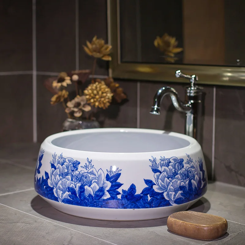 

Blue and white Europe style chinese washbasin sink Jingdezhen Art Counter Top ceramic wash basin bathroom sink