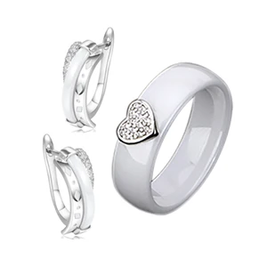 Rhinestone Heart Women Rigns Stud Earrings Sets for Women Healthy Material Ceramic Jewelry Sets Black White Color Wedding Sets - Окраска металла: White