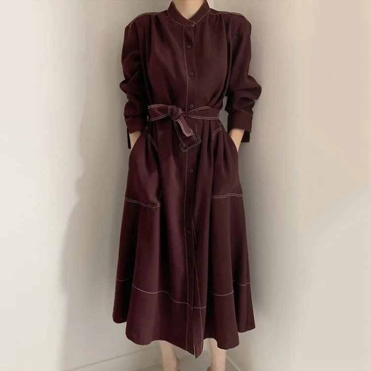 Vintage Elegant Women Maxi Bodycon Dress Fashion Office Lady Solid A Line Trench Dresses Chic Korean Vestidos Autumn