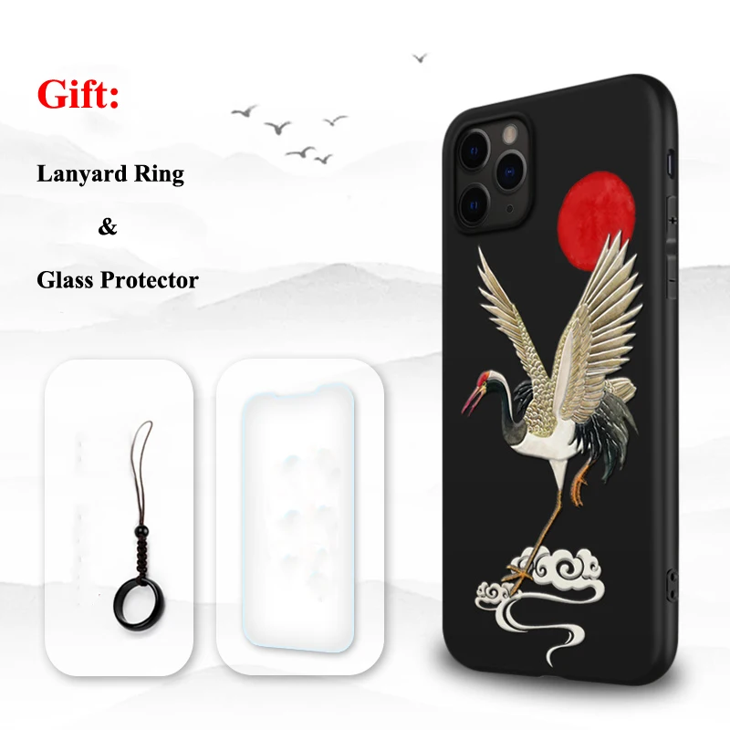 Для iPhone 11 Pro Max XR XS 10S Max X 8 7 Plus чехол 3D рельефная Матовая Мягкая задняя крышка LICOERS Официальный чехол для iPhone 11Pro чехол - Цвет: Crane