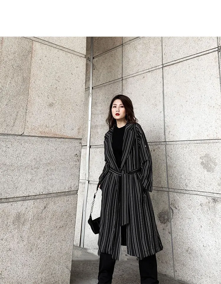 XITAO, европейский стиль, длинное женское пальто в черную и белую полоску, ветровка, костюм с воротником, Бандажное осеннее пальто для женщин GCC2950