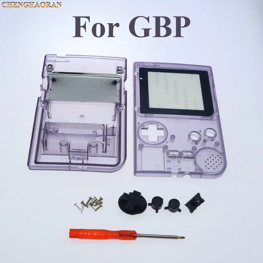Прозрачный фиолетовый Темный полный корпус Оболочка Чехол для Gameboy Карманная игровая консоль отвертка резиновая Серебряная линза белые пуговицы комплект - Цвет: This set
