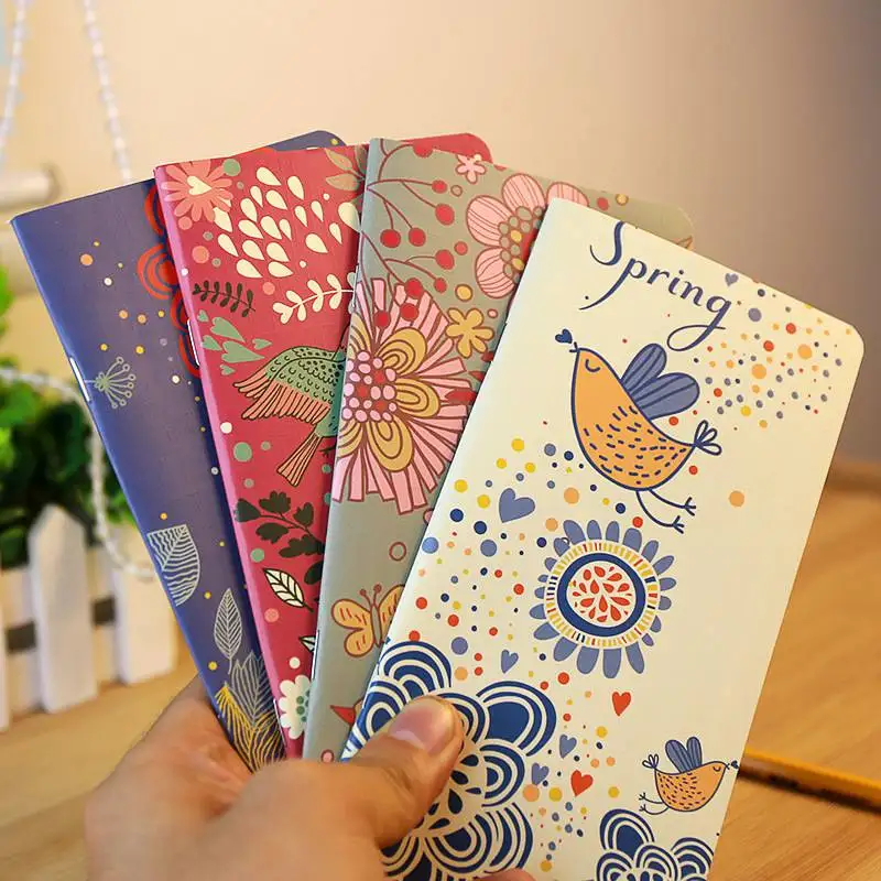 Portable Mini Cute Floral Bird Planner Notebook Blank Kraft Paper Diary Journal Travel Notepad Book Office School Supplies