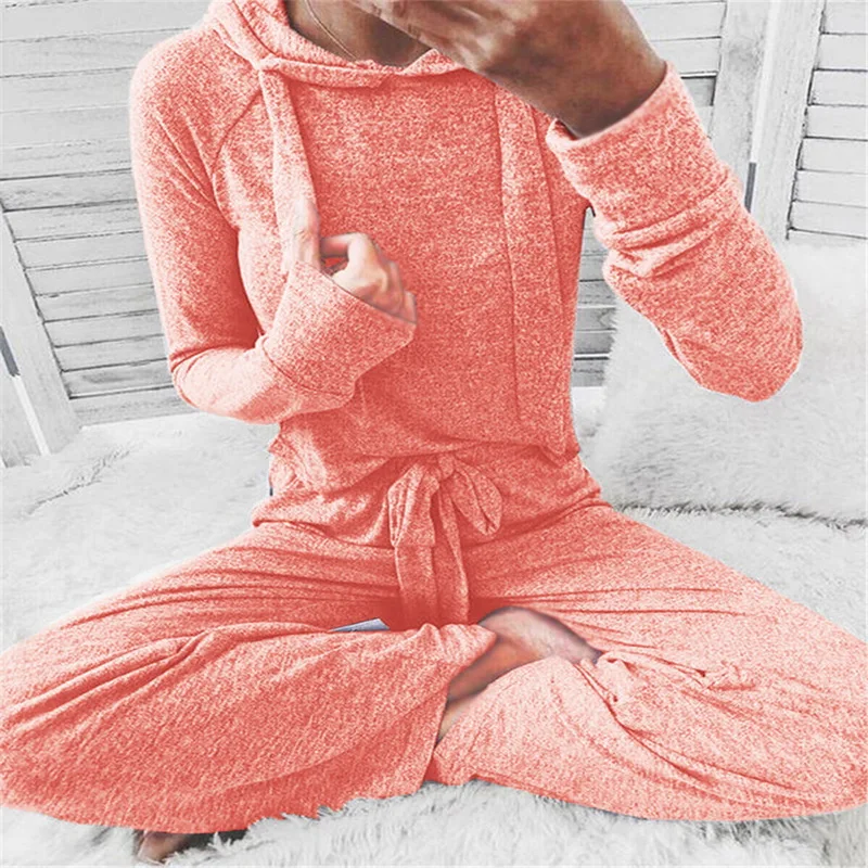 

2019 Women Autumn Two Piece Sets Long Sleeve Hooded Slim Sweatshirt Bandage Straight Long Pants Female Solid Home Suit