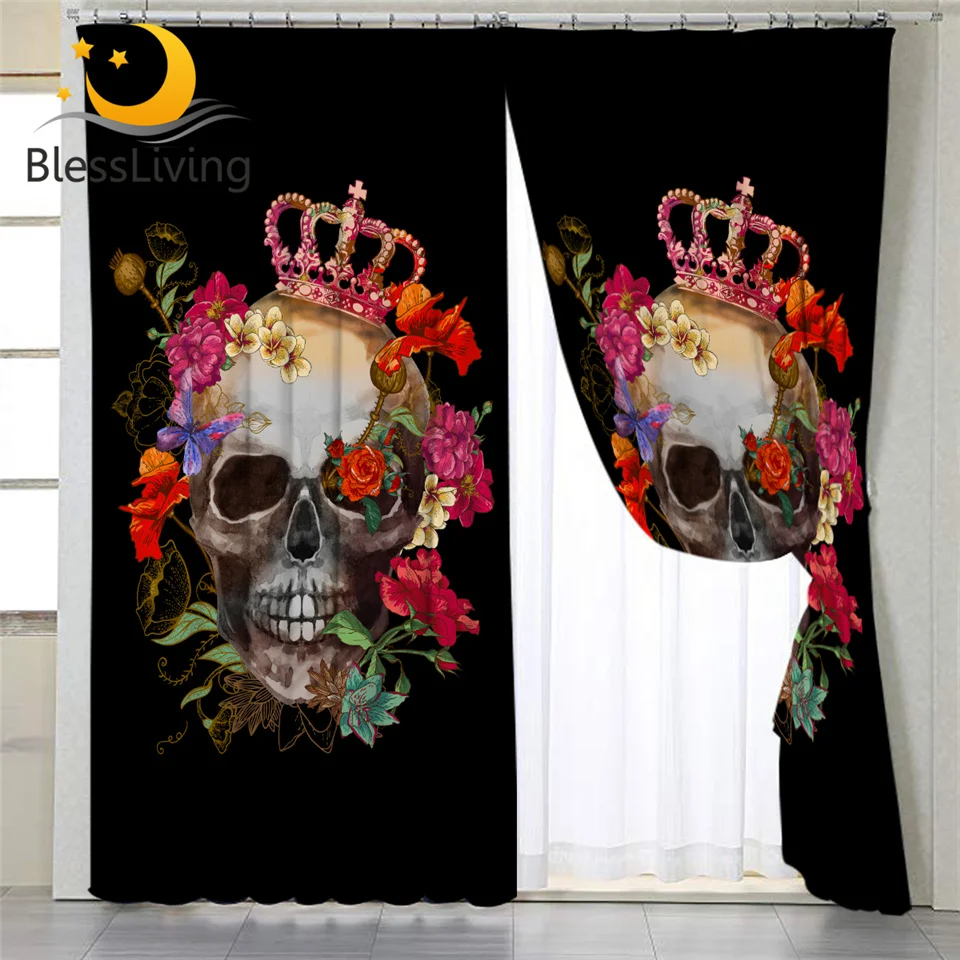 

BlessLiving Sugar Skull Window Curtains Queen Roses Window Panel Set for Living, Dining Room and Bedroom Red Curtains for Girls