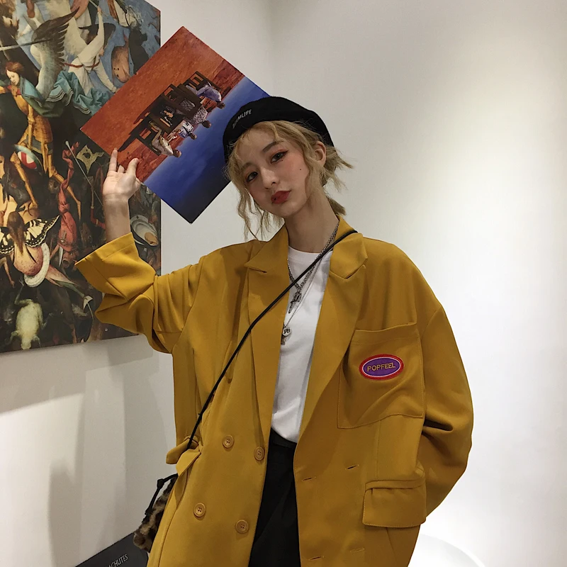 

Retro Casual Loose Ladies Blazer Solid Yellow Simple Suit Jacket Stylish Veste Blazer Korean High Street Women Jacket MM60NXZ