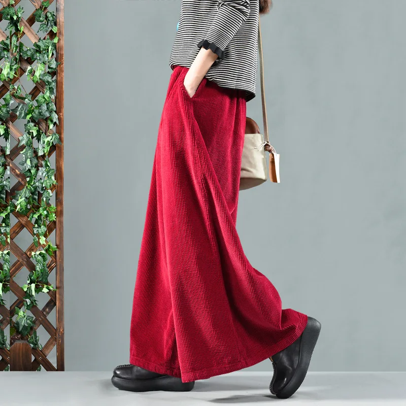Осень Зима широкие брюки Ретро свободные женские брюки женский эластичный пояс однотонный вельветовый смешанный Женский Повседневный брюки - Цвет: Красный