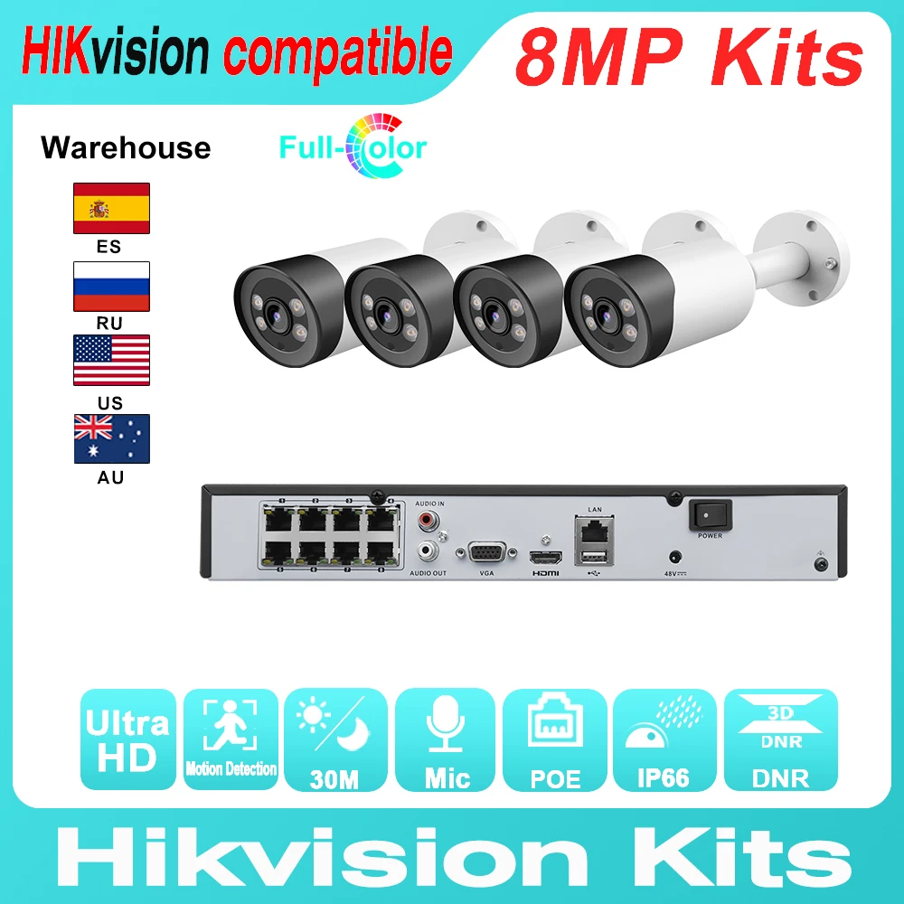 Hikvision Compatible Kits IP Bullet Camera 4K 8MP 4PCS Built-In Mic ColorVu+ Original NVR DS-7608NI-Q1/8P CCTV System | Безопасность и