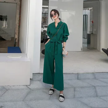

Women Long Sleeve Wide Leg Jumpsuits with Sashe Office Lady Elegant Chic Slim Solid Cargo Pants Overalls Straight Trouser Sets