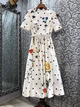 Robe en coton de qualité supérieure pour femmes, vêtements d'été, Vintage, col rond, imprimé, manches courtes, grande balançoire, décontractée, blanc, bleu foncé, 2021 