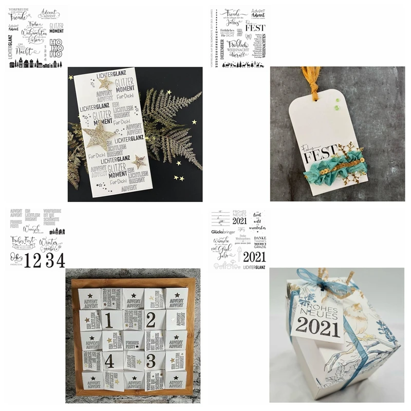 

5.5*5.5 inch Clear Stamps Fine German Words Letters Sentences Frohes Fest 2021 Roadside House Christmas Trees Elk Pattern
