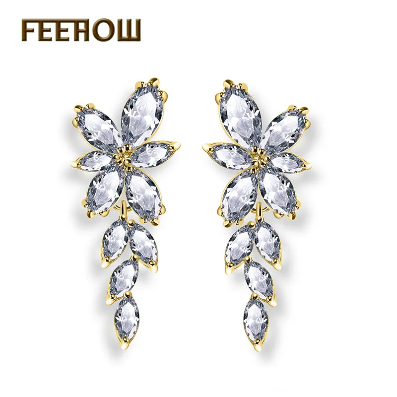 Gold Color FEEHOW, длинные висячие серьги в виде цветка маркизы, циркония, кристаллов, для женщин, блестящий лист, CZ камень, свадебные ювелирные изделия FWEP167 - Окраска металла: Gold Color