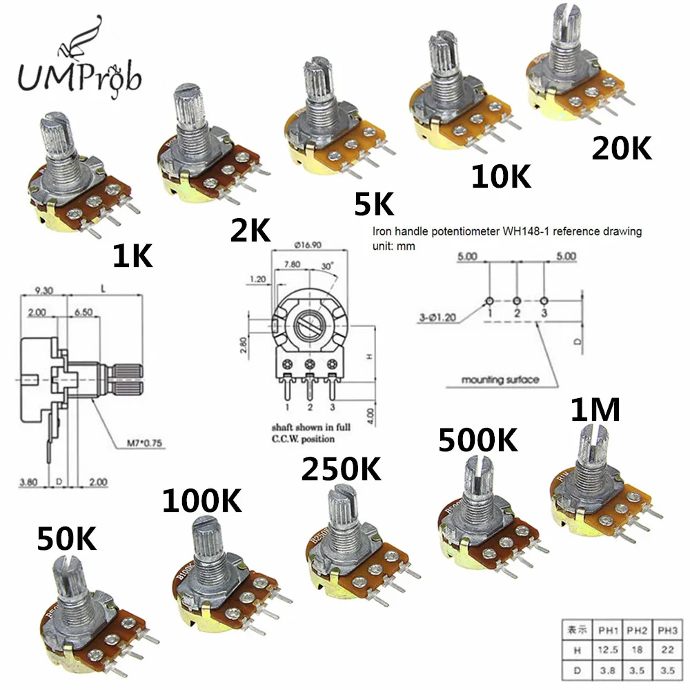 10 шт. линейный потенциометр WH148 B1K B2K B5K B10K B20K B50K B100K B250K B500K B1M 15 мм вал с гайками шайбы