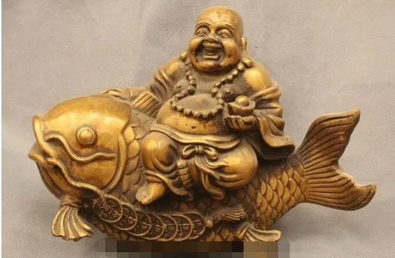 316 8&quot Chinese Bronze Wealth Happy Laugh Maitreya Buddha Ride Fish Money Statue | Дом и сад