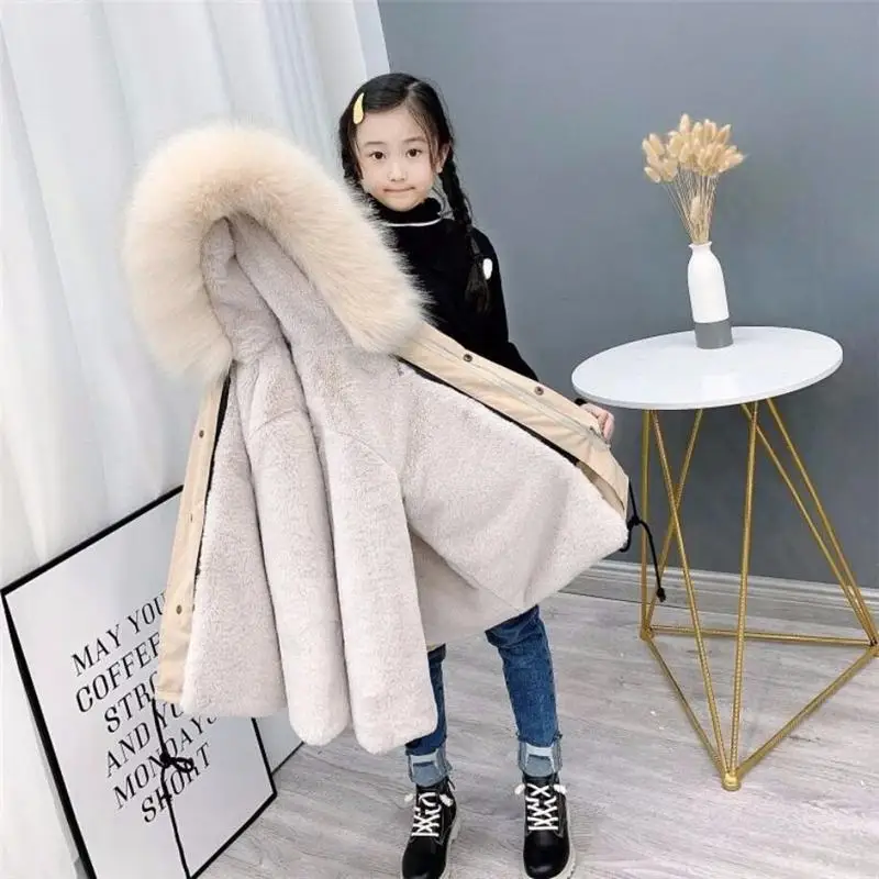 khaki and beige Коллекция года, зимние детские пальто из искусственного меха кролика рекс для девочек и мальчиков детские куртки с капюшоном и воротником из искусственного лисьего меха K24 - Цвет: khaki and beige