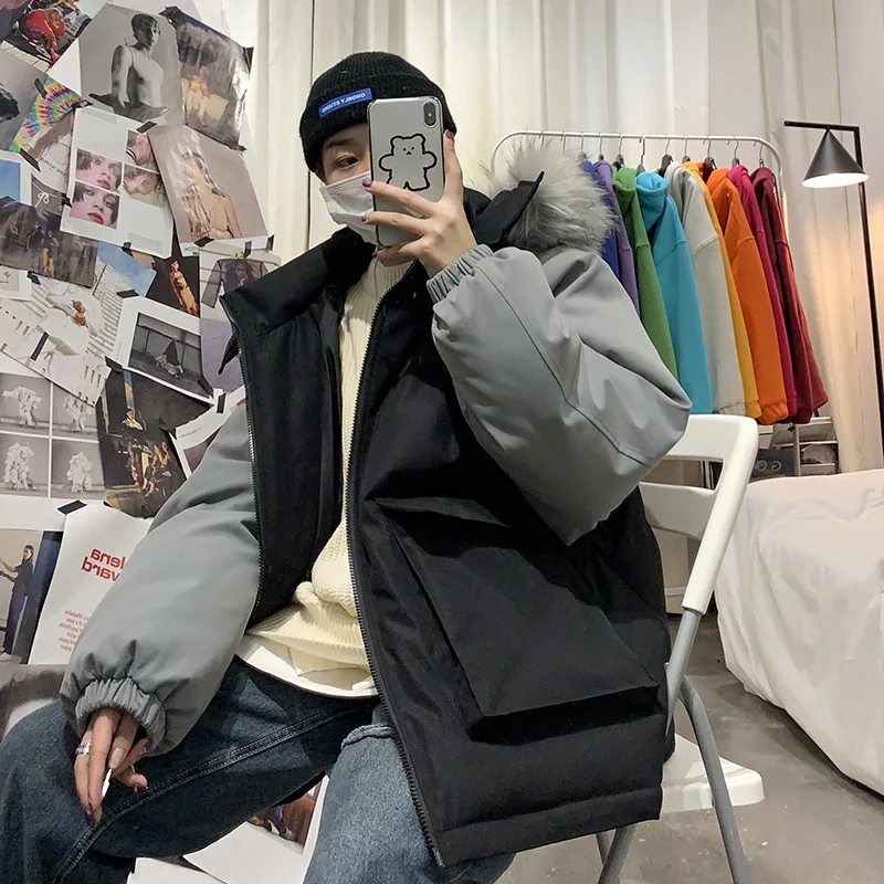 Winter Fur Collar Hooded Coat Men's Warm Thick Parka Men Fashion Cross-color Casual Cotton Coat Man Tooling Jacket Male Clothes - Цвет: black