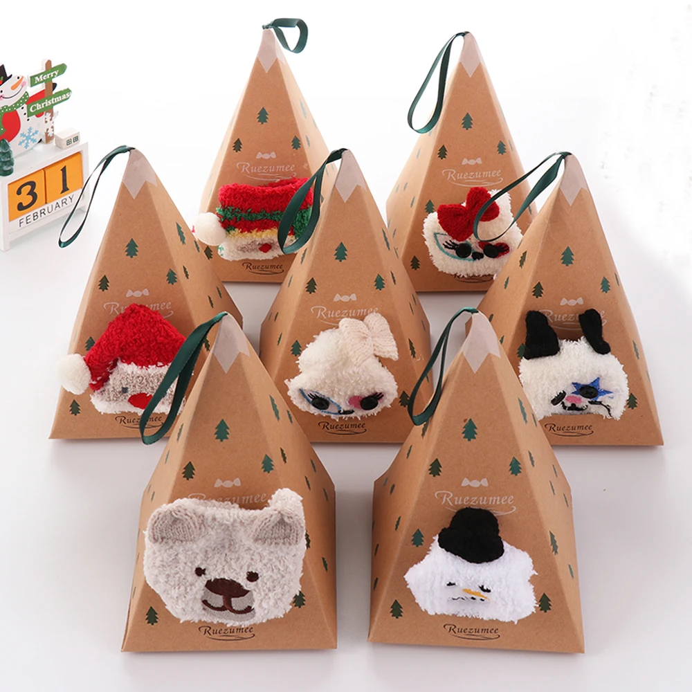 Милые Рождественские Носки с рисунком оленя в виде животных, подарок, объемные пушистые коралловые бархатные толстые теплые зимние носки для женщин, подарок на год, носки с коробкой