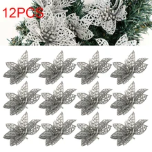 12 шт. искусственные Полые Цветы с серебряными блестками Полые Цветы пластиковые украшения для рождественской елки для домашнего офиса 10 см