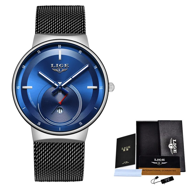 LIGE мужские часы новые модные повседневные Черные кварцевые часы мужские уникальный циферблат спортивные водонепроницаемые мужские часы Relogio Masculino+ коробка - Цвет: silver blue