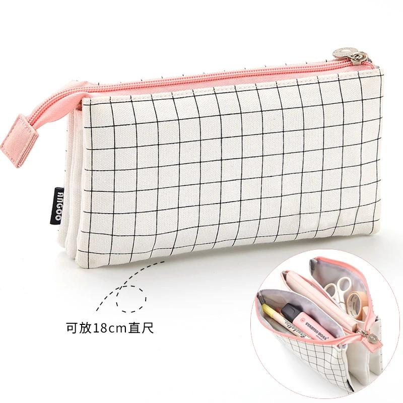 Grid Pencil Pouch Flower Plaid Korean Creative Small Fresh Large Capacity  Ruler Bag Simple Literary Canvas Pen Case Eraser Box