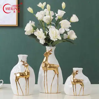 

Ceramic Deer Vases Decoration Home Modern Decorative Flower Vase For Dining Table Centerpiece Handmade Gold Deer Pot Room Shelf
