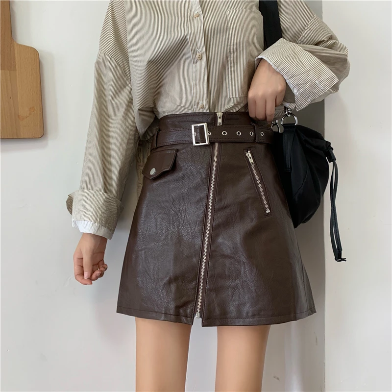 Mooirue осень зима Pu мини юбки с поясом Высокая талия линия Винтаж уличная молния низ корейский стиль Harajuku юбка