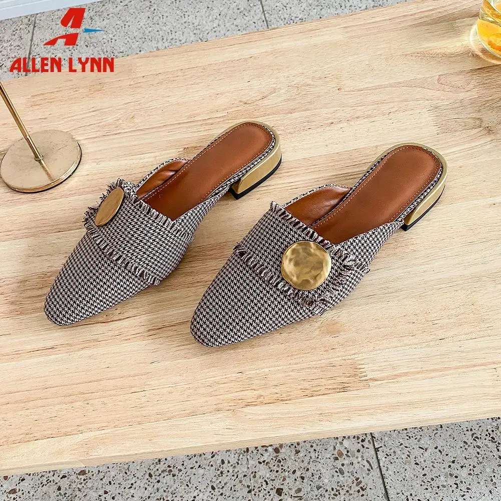

ALLEN Brand Fashion Lady Square Toe Shoes Woman Genuine Leather Metal Decoration Low Heel Spring Summer Pumps Women Pumps