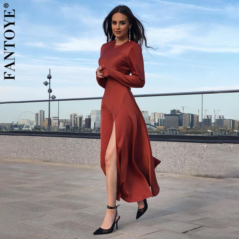 Fantoye Fashion Sexy Satin High Side Split Maxi Dress Women O Neck Dresses Long Elegant Party Prom Solid Vestido De Mujer Hot | Женская