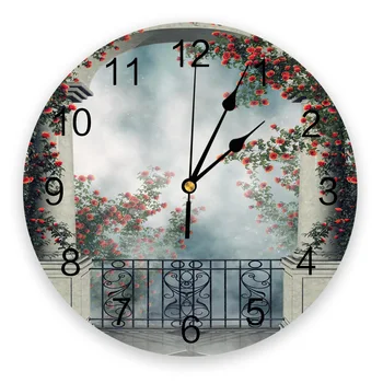 

Balcony Rose Flower Vine Arch Fog Print Wall Clock Modern Wall Art Silent Wall Watch Living Room Home Decor Christmas Gift