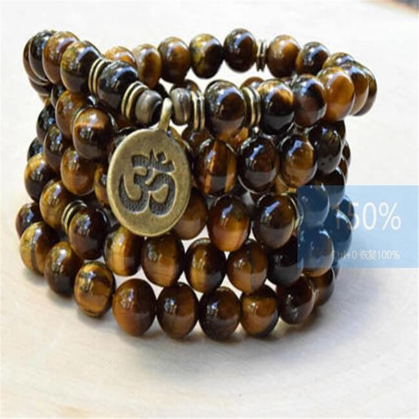 

8mm Tiger Eye Gemstone Mala Bracelet 108 Beads pendant Fancy Buddhism Handmade chain Wristband Reiki Bless Gemstone Wrist energy