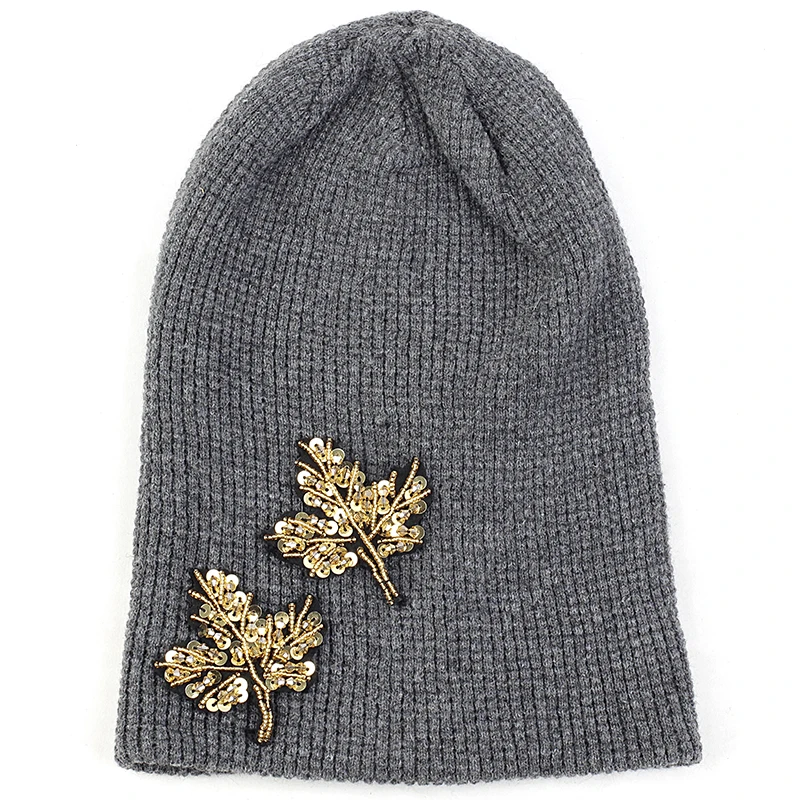 Geebro для взрослых кашемировая шапочка с 2 кленовые листья аксессуары осень-зима теплая шапка для взрослых шапки Кепки - Цвет: gold dark gray