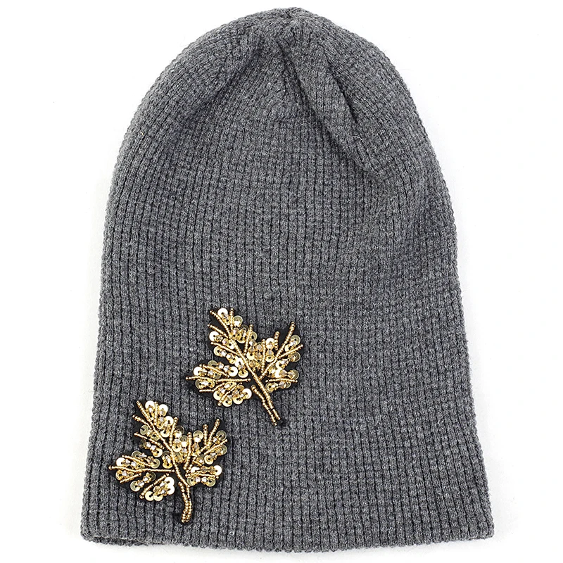 gold dark gray Geebro для взрослых кашемировая шапочка с 2 кленовые листья аксессуары осень-зима теплая шапка для взрослых шапки Кепки - Цвет: gold dark gray