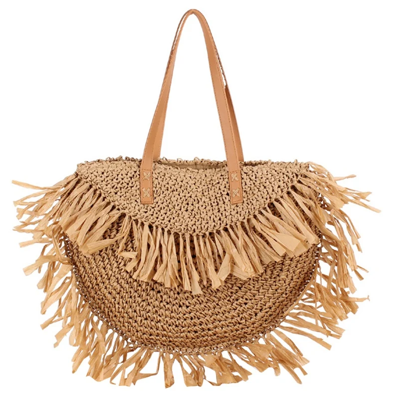 

ABZC-New Fashion Tassel Women Handbag Straw Bag Beach Woven Bag Round Tote Fringed Beach Large Shoulder Travel Bag Brown