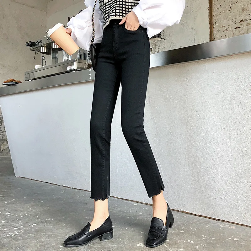 Womens High Waist Denim Pants Ninth Straight Trims Leg Opening Vintage Washed Regular Trousers Jeans Blue Gray Black