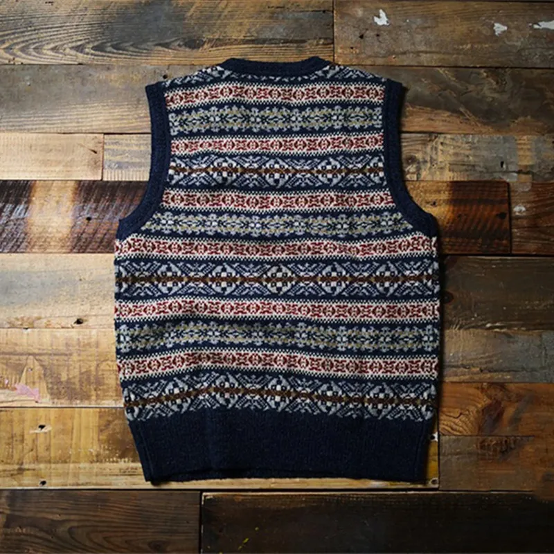 Men's Wool Knitted Vest Fair Isle Classic Retro Sweater Sleeveless V-neck Jumper Warm Winter Christmas Golf Unisex Clothing