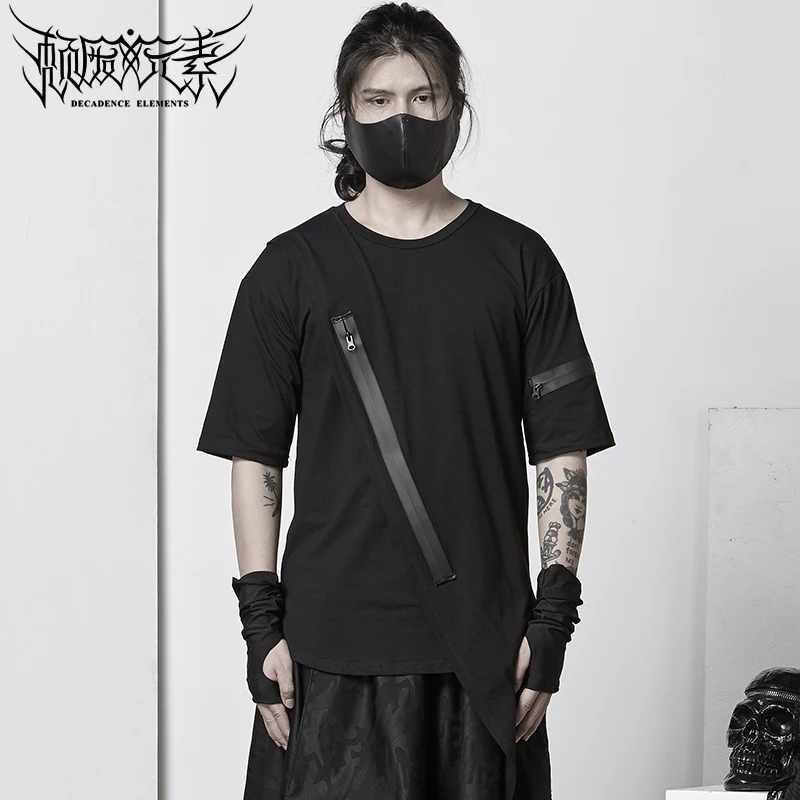 

Dark design asymmetrical T-shirt summer personality Hong Kong nightclub trendy gothic fake two-piece short-sleeved slim fit