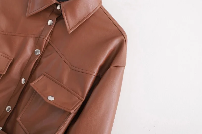 Винтажная элегантная женская коричневая Высококачественная куртка из искусственной кожи с поясом, модная мотоциклетная Женская однобортная куртка с карманами