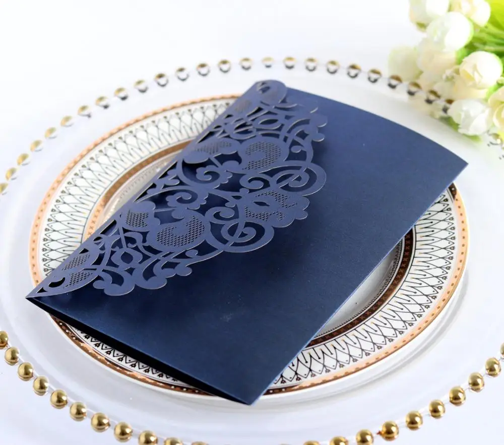  10pcs Blue Sample European Laser Cut Wedding Invitations Card Tri-Fold Lace Business Greeting Cards - 4000256936101