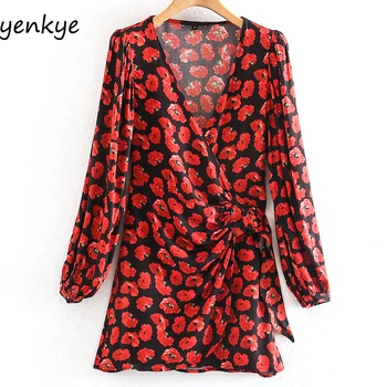 

Vintage Red Floral Print Wrap Dress Women Cross V Neck Long Sleeve A-line Mini Summer Dress 2020 vestidos XNGC9618