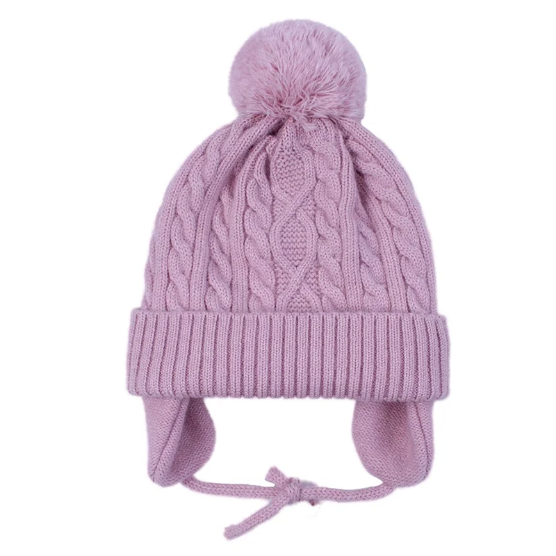 Детская однотонная шапка, зимняя шапка для девочек, новые детские вязаные наушники, теплые шерстяные зимние шапки для детей - Цвет: PK