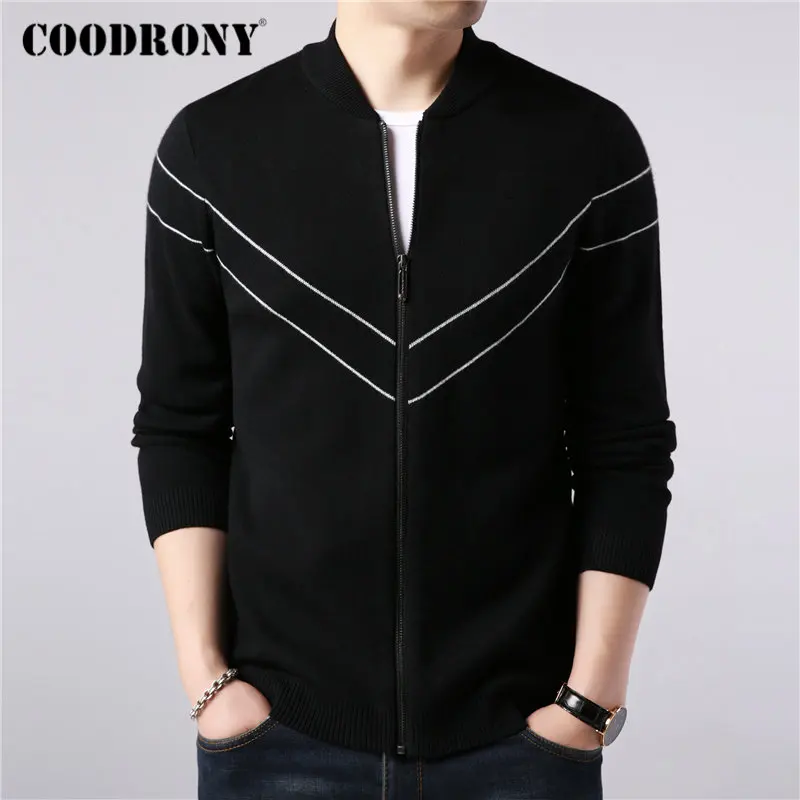 Бренд COODRONY, мужской свитер, Осень-зима, толстый теплый кашемировый шерстяной кардиган, Мужская Уличная мода, полосатый свитер, пальто для мужчин 91101 - Цвет: Черный