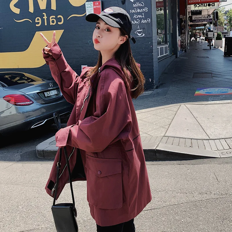 

Retro Mid-length Trench Coat Women's 2019 Autumn New Style Korean-style Loose-Fit Slimming Hong Kong Flavor Simple Hooded Workwe
