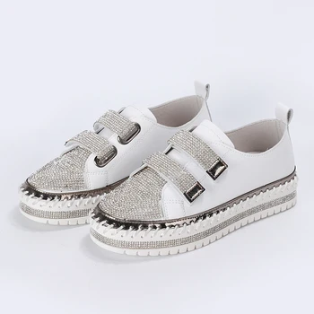 

White Women Sneakers Loafers Summer Autumn Crystal Platform Flat Women Vulcanize Shoes Ladies Rhinestones Hook&Loop Casual Shoes