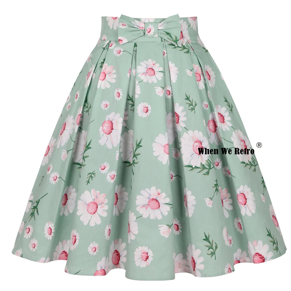 

2022 Y2K Light Green Spring Summer Floral Skirt SS0012 Daisy Print Cotton 50s 60s Vintage Pleated Skirt Jupe Femme
