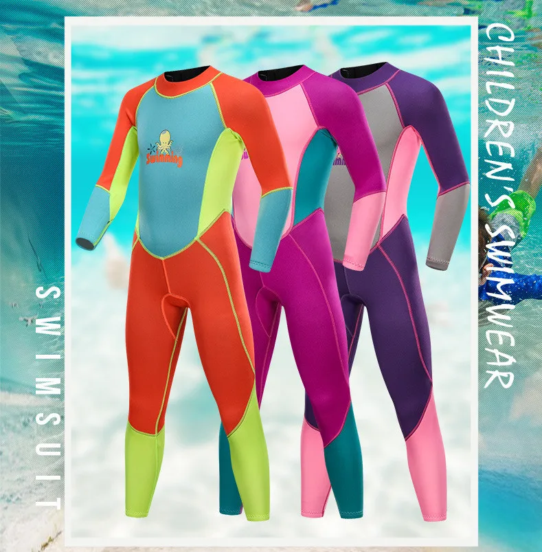 Детский солнцезащитный гидрокостюм с длинными рукавами, 2 мм, костюм для подводного плавания, Цельный купальник для мальчиков и девочек, Быстросохнущий гидрокостюм