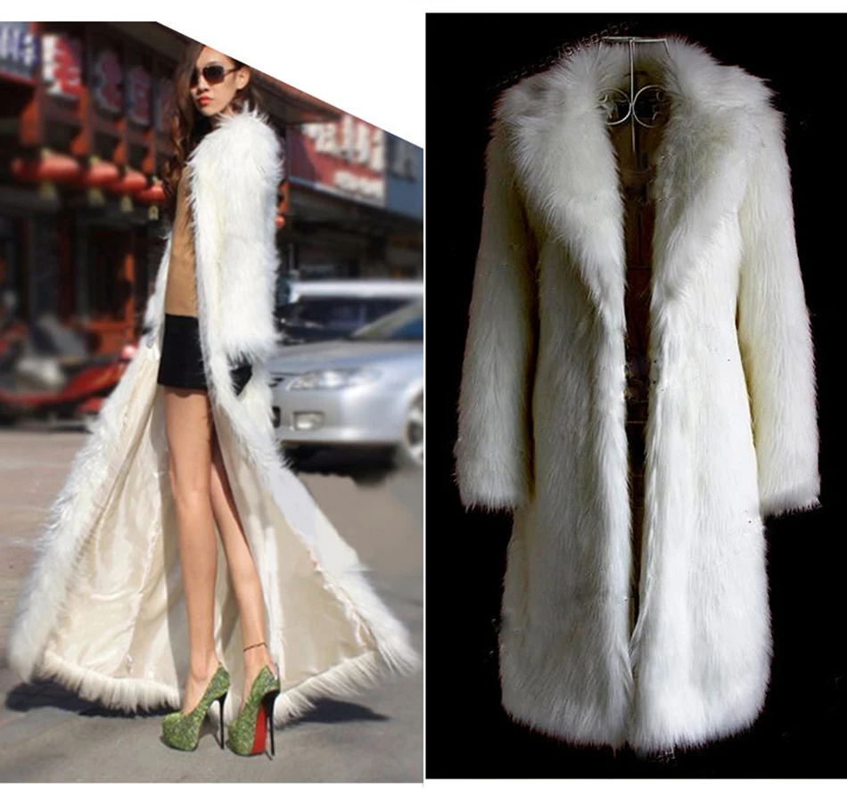 Сексуальное осеннее зимнее длинное плюшевое пальто женское повседневное однотонное размера плюс толстое белое пальто из искусственного меха куртки Черное меховое пальто