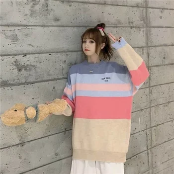 

Cute girl sweater early autumn top 2020 new scheming design sense bear color striped sweater women loose outer wear sweater