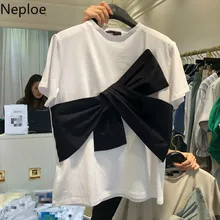 Neploe Корейская контрастная цветная Лоскутная футболка с коротким