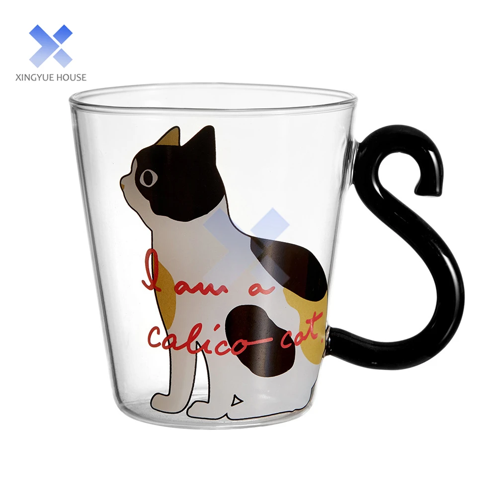 Cute Kitten Glass Cup, Kawaii Cat Glass Water Cup With Tail Handle